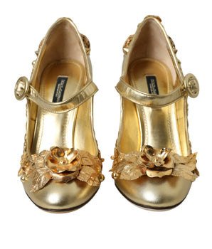 Dolce & Gabbana Gold Leather Crystal Mary Janes Pumps Shoes