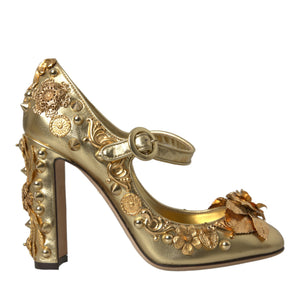 Dolce & Gabbana Gold Leather Crystal Mary Janes Pumps Shoes