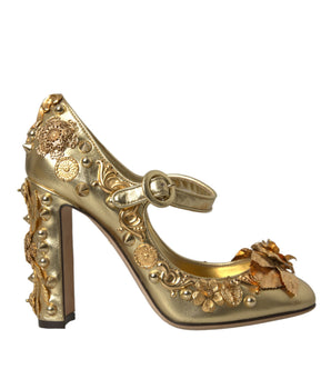 Dolce & Gabbana Gold Leather Crystal Mary Janes Pumps Shoes