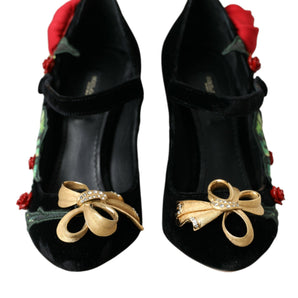 Dolce & Gabbana Black Roses Crystal Brooch Mary Jane Shoes