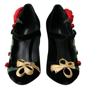 Dolce &amp; Gabbana Black Roses Crystal Brooch Mary Jane Shoes