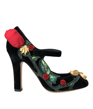 Dolce &amp; Gabbana Black Roses Crystal Brooch Mary Jane Shoes