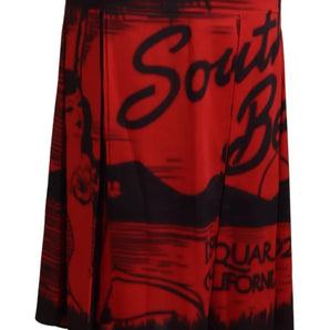 Dsquared² Red Printed High Waist A-line Pleated Midi Skirt