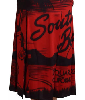 Dsquared² Red Printed High Waist A-line Pleated Midi Skirt