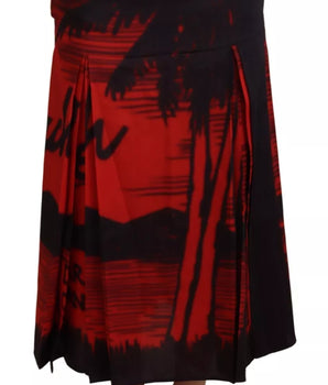 Dsquared² Red Printed High Waist A-line Pleated Midi Skirt