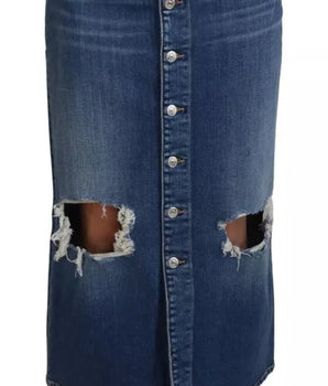 Dsquared² Blue Distressed High Waist Pencil Cut Denim Skirt