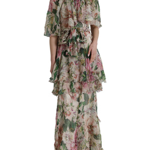 Dolce & Gabbana Multicolor Floral Silk Tiered Long Maxi Dress