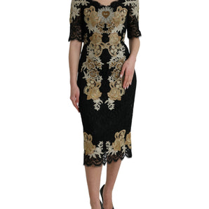 Dolce & Gabbana Black Floral Lace Cotton Sheath Midi Dress