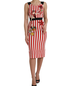 Dolce &amp; Gabbana Red White Floral Sleeveless Sheath Midi Dress