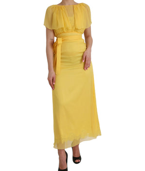 Dolce &amp; Gabbana Yellow Silk Sheath Belted Long Maxi Dress