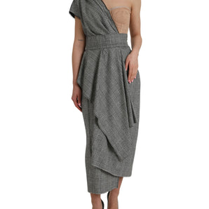 Dolce & Gabbana Gray Beige Layered One Shoulder Maxi Dress