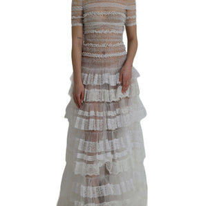 Dolce & Gabbana White Nylon Sheer Tiered Lace Maxi Dress