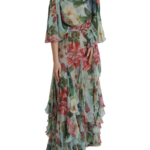 Dolce & Gabbana Blue Floral Print Tiered Long Maxi Dress