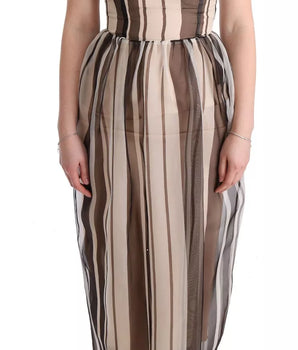 Dolce &amp; Gabbana Beige Brown Striped Silk Sheath Dress