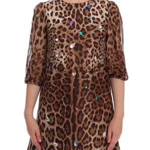 Dolce & Gabbana Leopard Silk Wool Crystal Shift Dress