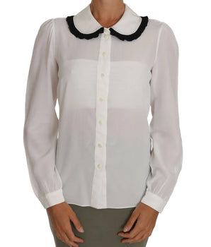 Dolce &amp; Gabbana White Silk Shirt Ruffle Routed Collar Blouse