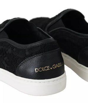 Dolce & Gabbana Black Lace Leather Logo Flat Slip-On Sneakers