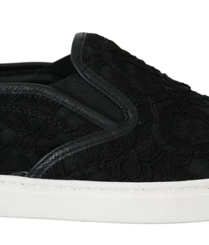 Dolce & Gabbana Black Lace Leather Logo Flat Slip-On Sneakers