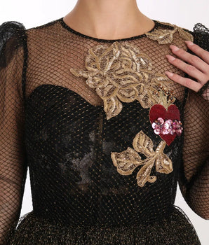 Dolce &amp; Gabbana Black Gold Crystal Heart A-line Dress