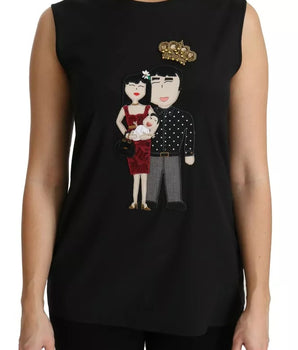 Dolce &amp; Gabbana Black Silk DG Family Crystal Sleeveless Top