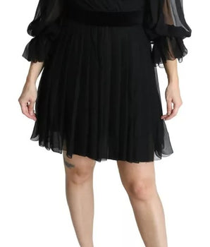 Dolce &amp; Gabbana Black Mesh Pleated Mini Silk Blend Dress