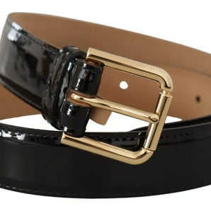 Dolce & Gabbana Black Patent Leather Gold Logo Engraved Buckle Belt