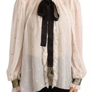 Dolce & Gabbana Off White Silk Blend Ascot Collar Blouse Top