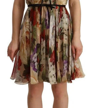 Dolce &amp; Gabbana Beige Floral Sleeveless Round Neck Mini Dress
