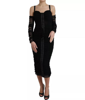 Dolce &amp; Gabbana Black Cold Shoulder Stretch Tulle Midi Dress