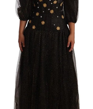Dolce &amp; Gabbana Black Crystal Floral Maxi Ball Gown Dress
