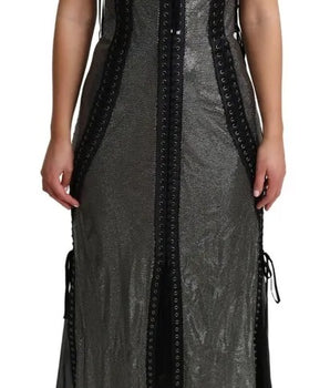 Dolce & Gabbana Black Crystals Lace Up Runway Gown Dress