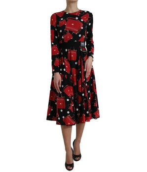 Dolce &amp; Gabbana Black Sicily Bag Print Flared Midi Dress