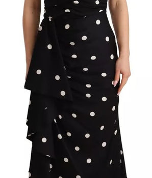 Dolce &amp; Gabbana Black Silk Polka Dots V-neck Sheath Midi Dress