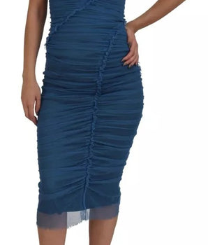 Dolce &amp; Gabbana Blue Mesh Trim Ruched Tulle Sheath Dress