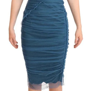 Dolce & Gabbana Blue Mesh Trim Ruched Tulle Sheath Dress