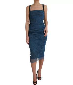 Dolce &amp; Gabbana Blue Mesh Trim Ruched Tulle Sheath Dress