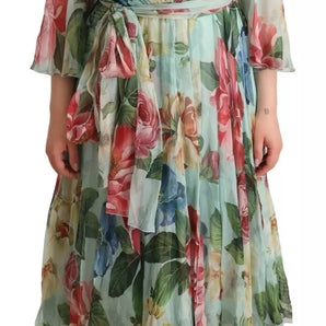 Dolce & Gabbana Green Floral Long Sleeve V-neck Midi Dress