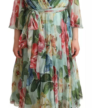Dolce &amp; Gabbana Green Floral Long Sleeve V-neck Midi Dress