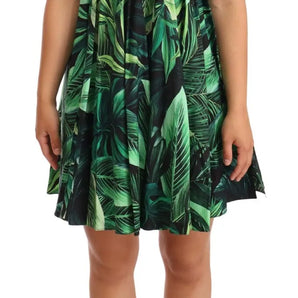 Dolce & Gabbana Green Leaves Print Cotton Flared Mini Dress