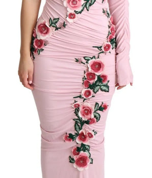 Dolce &amp; Gabbana Vestido de un hombro con adornos de flores rosas