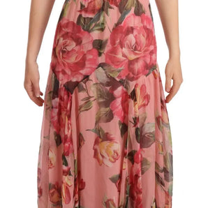 Dolce & Gabbana Pink Silk Floral Print Layered Maxi Dress