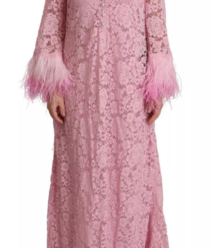 Dolce &amp; Gabbana Vestido recto de manga larga con plumas de encaje lila