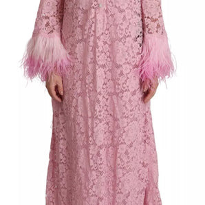 Dolce & Gabbana Shift Lilac Lace Feathers Long Sleeves Dress