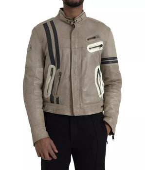 Dolce &amp; Gabbana Beige Leather Full Zip Biker Coat Jacket
