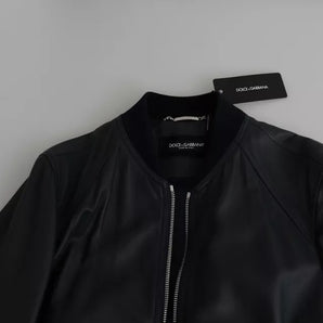 Dolce & Gabbana Black Leather Full Zip Men Bomber Jacket