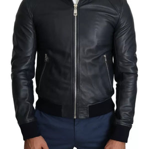 Dolce & Gabbana Black Leather Full Zip Men Bomber Jacket