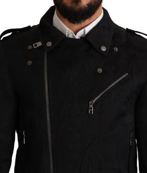 Dolce &amp; Gabbana Black Brocade Full Zip Biker Coat Jacket