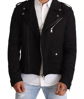 Dolce &amp; Gabbana Black Brocade Full Zip Biker Coat Jacket