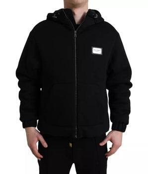 Dolce &amp; Gabbana Black Cotton Hooded Logo Bomber Jacket