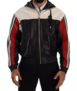 Dolce &amp; Gabbana Black Leather Hooded Blouson Jacket